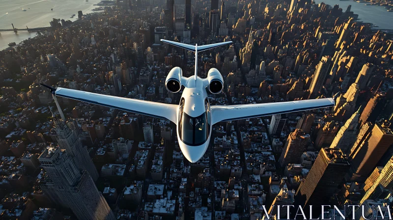 Aircraft Over Urban Skyline During Sunset AI Image