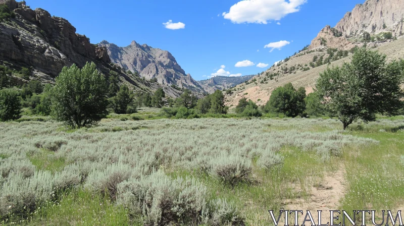 AI ART Mountainous Valley with Lush Greenery and Clear Skies