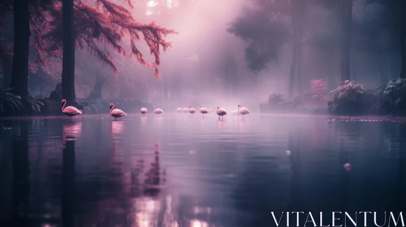 Ethereal Flamingos in Foggy Landscape: Nature's Mystical Beauty AI Image