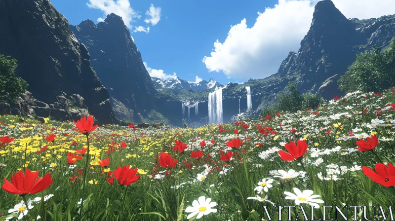 AI ART Scenic Flower-filled Meadow with Mountains