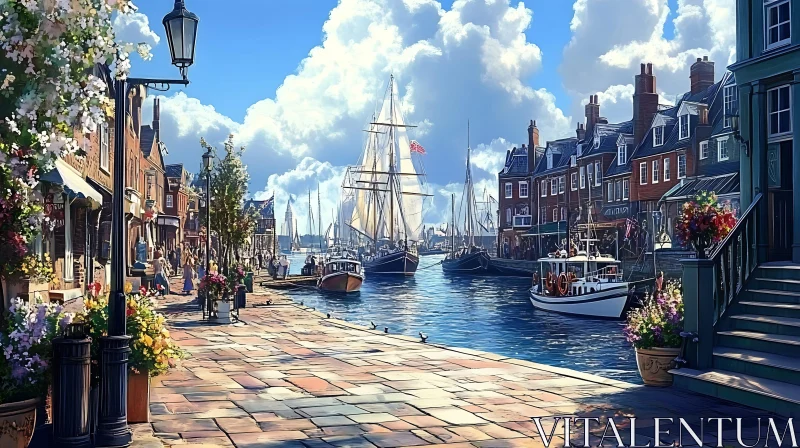 Picturesque Waterfront with Sailboats and Shops AI Image