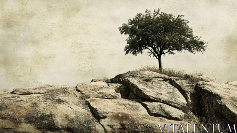 AI ART Solitary Tree on Rocky Cliff