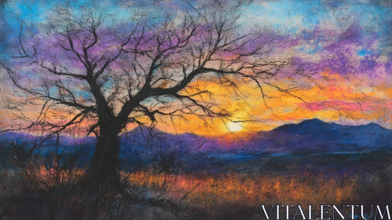 AI ART Sunset Silhouette of Tree in Pastel Colors