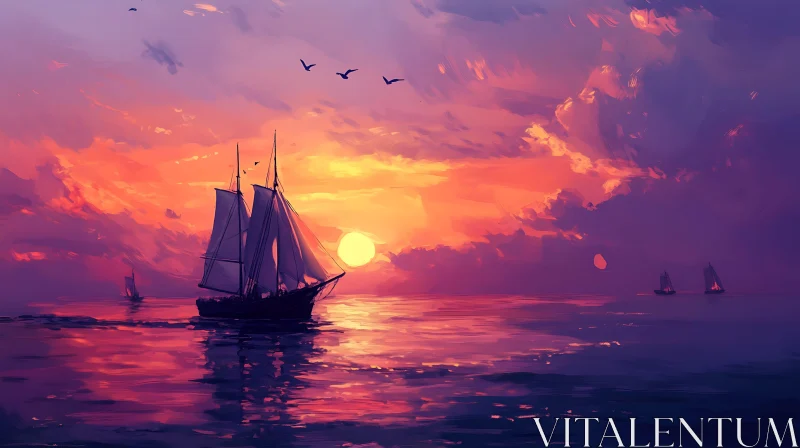 Sailing into the Sunset: Ocean View Painting AI Image