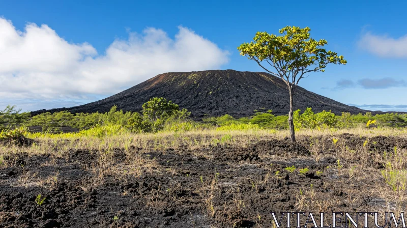 AI ART Tree in Lava Field with Volcano Background