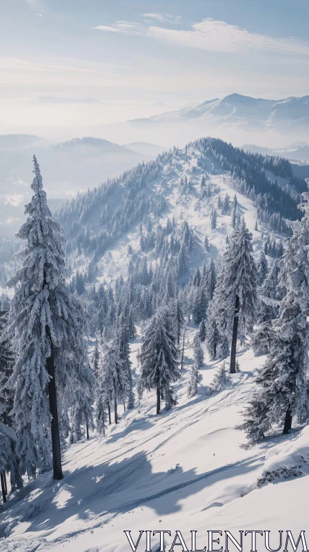 Frosty Mountainscape with Snow-Laden Pines AI Image