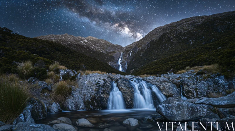 Waterfall Under Starry Night Sky AI Image