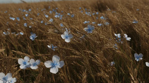 Golden Field with Blue Wildflowers