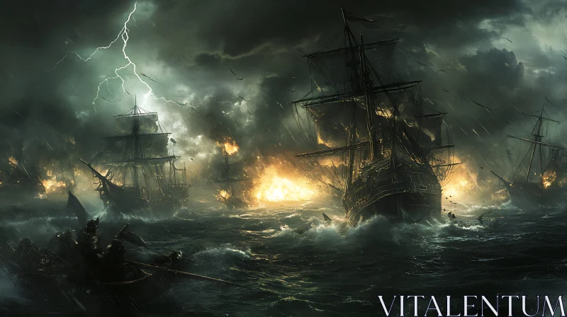 Stormy Sea Naval Battle with Ships Aflame AI Image