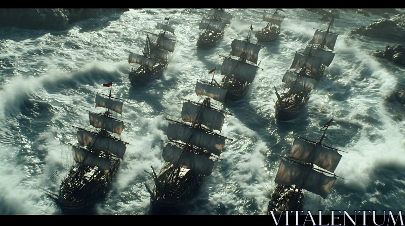 Historical Naval Fleet Battling Ocean Waves AI Image