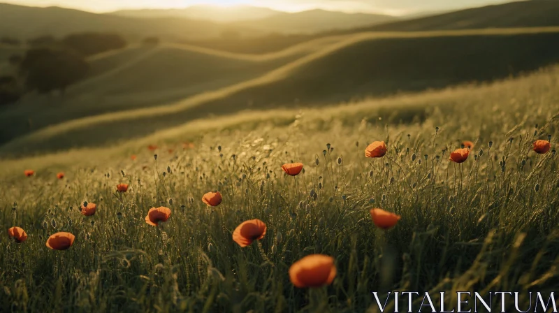 AI ART Sunset Over Meadow of Red Poppies