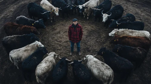 Cattle Herd Encircles Farmer