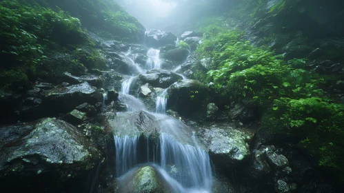 Peaceful Misty Forest Waterfall