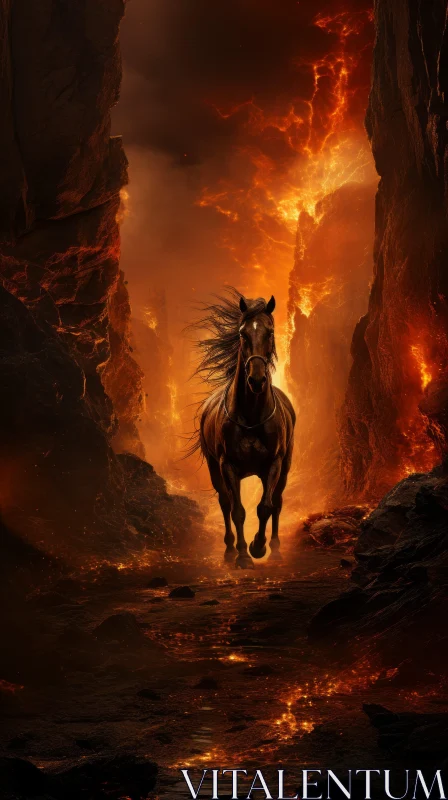Fiery Horse Galloping in Dark Rocky Terrain - Realistic Fantasy Art AI Image