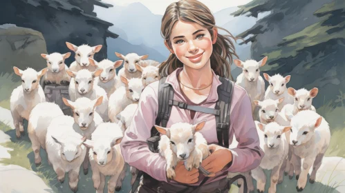 Girl Amid Sheep Flock on Mountain Top - Charming Anime Art