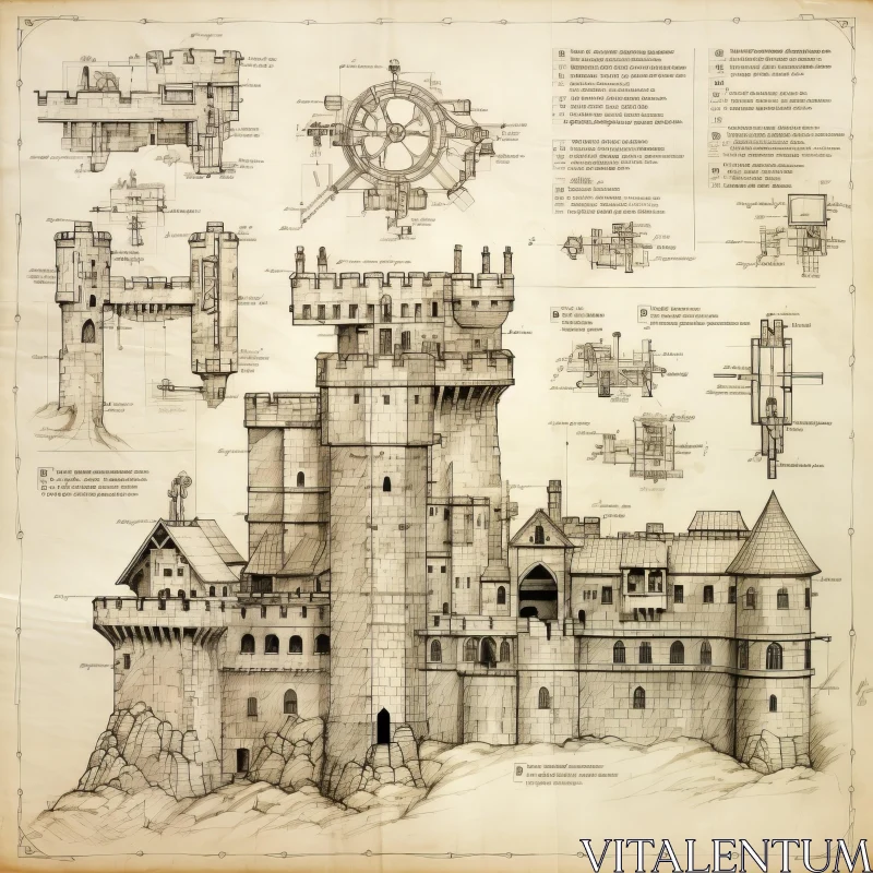 AI ART Vintage Styled Castle Blueprint - Medieval Architecture Concept Art