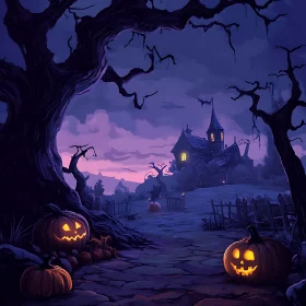 Eerie Halloween Night with Haunted House and Glowing Pumpkins