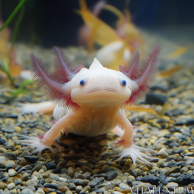 Pinkish Axolotl with Feathery Gills in Water AI Image