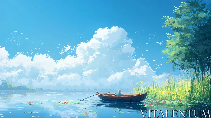 Serene Lake with Wooden Boat and Lush Greenery AI Image