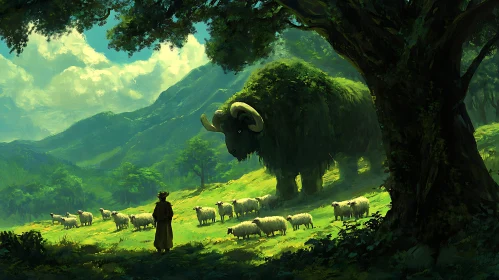 Enigmatic Giant Among Sheep in Serene Landscape