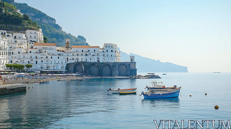 Idyllic Coastal Town with Boats AI Image