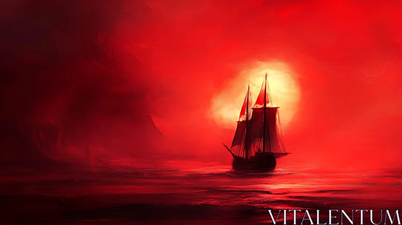 Silhouette of a Ship in a Red Sunset AI Image