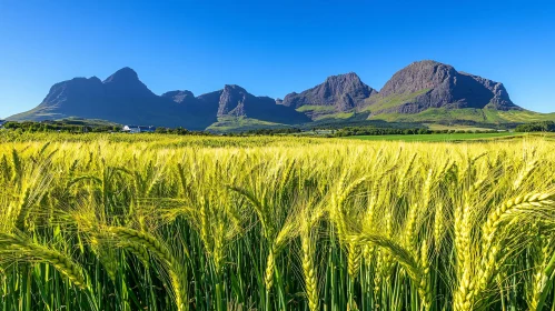 Countryside Landscape with Wheat Field and Mountains