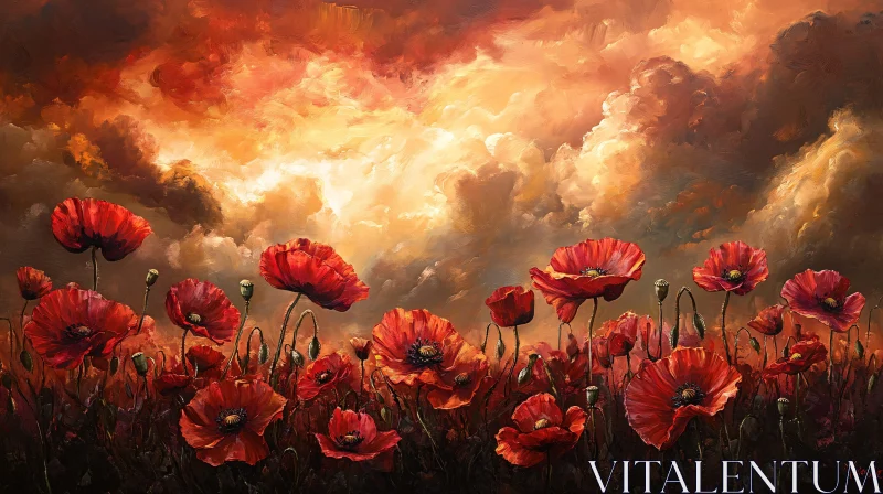 Red Poppy Field Under Fiery Sunset Clouds AI Image