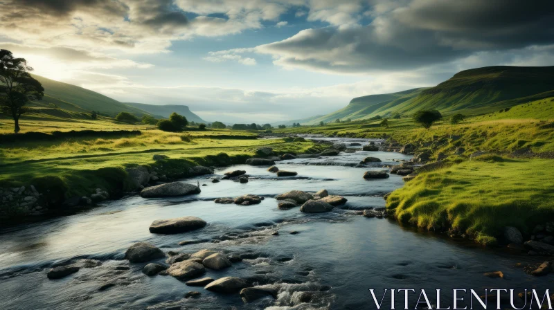 Atmospheric Landscape: Stream in Southern Countryside Valley AI Image