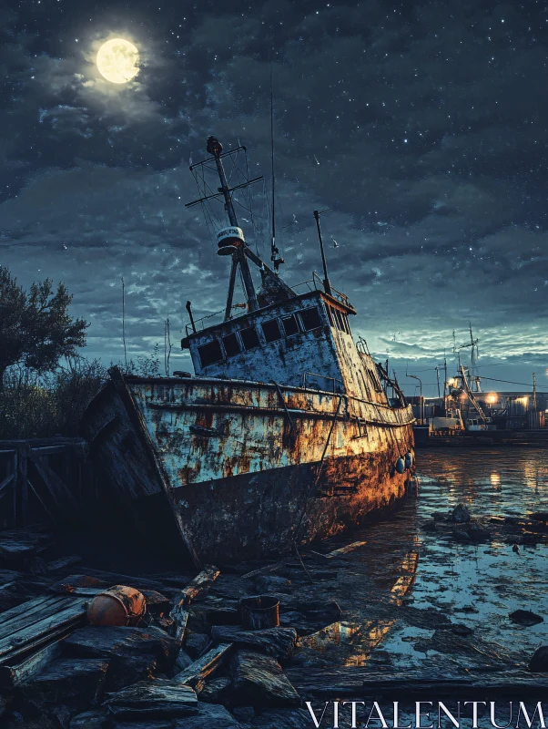 Mystical Moonlit Shipwreck Scene AI Image