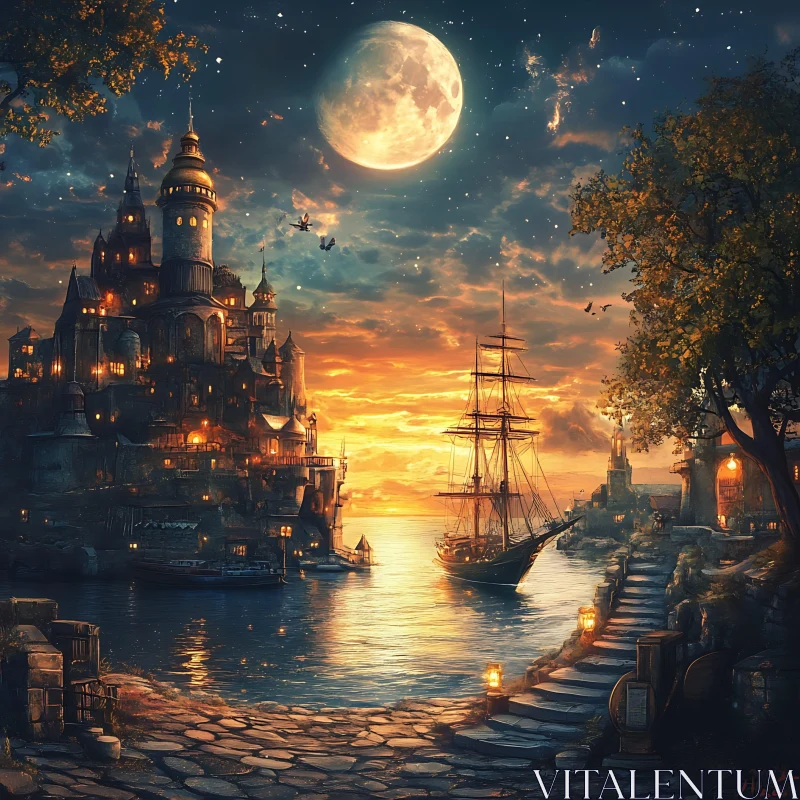 Fantasy Harbor with Castle and Sailing Ship AI Image