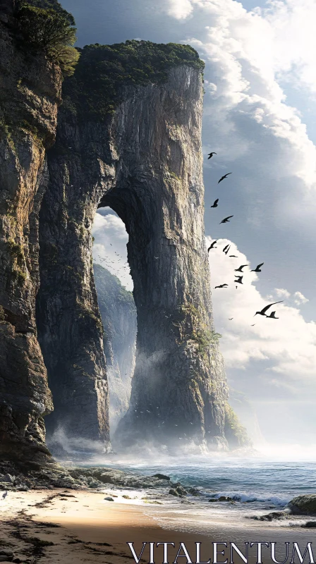 Stunning Arch-shaped Coastal Rock with Soaring Birds AI Image