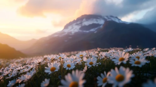 Daisy Field at Dusk with Majestic Mountains