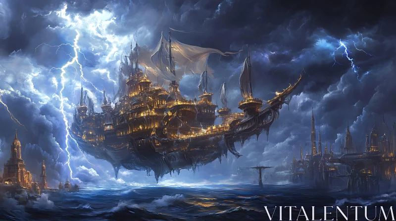 AI ART Epic Floating City-Ship in a Storm