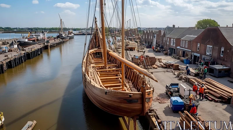 Shipyard with Workers Constructing Wooden Boat AI Image