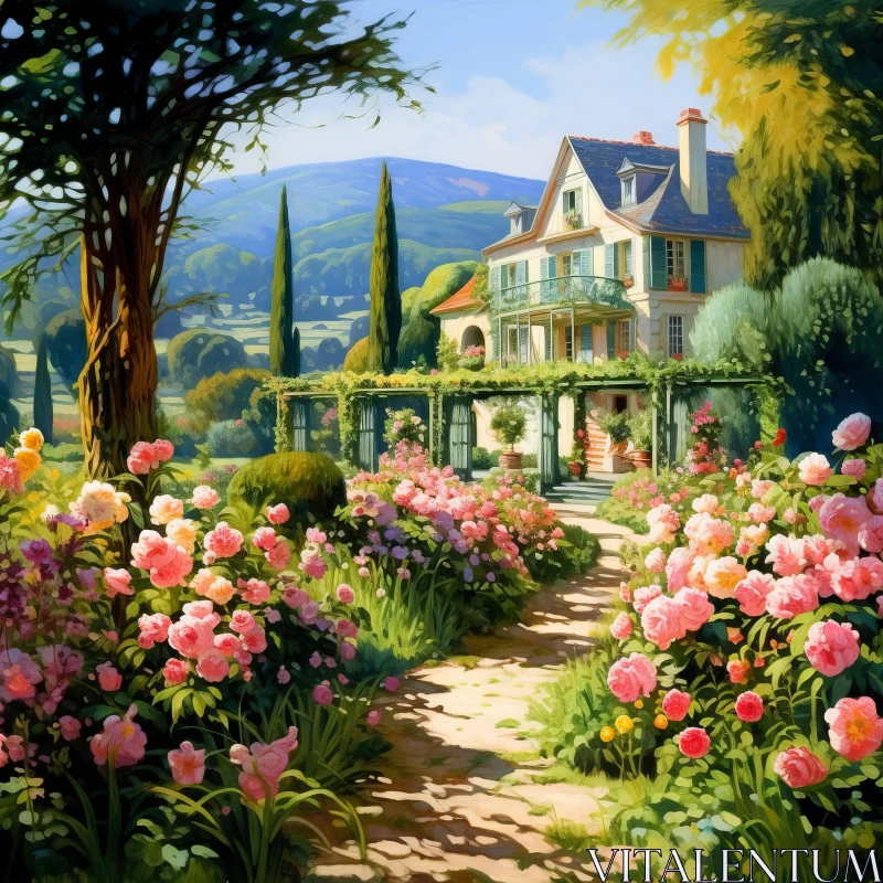 Lush Landscape Painting of a House with Flower Surroundings AI Image