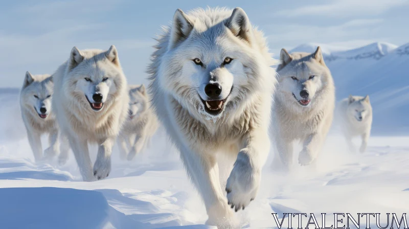 White Wolves in Snow: A Study in Bold Chromaticity and Realism AI Image