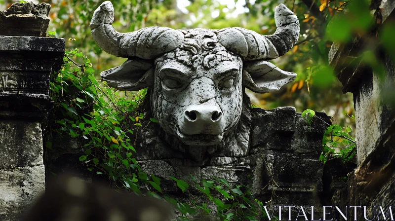 Ancient Stone Bull with Foliage AI Image