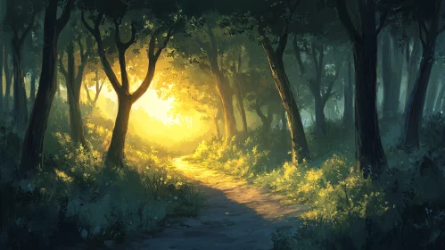 Golden Sunlight Illuminating Forest Path