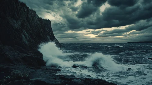 Moody Seascape with Cliffs and Stormy Waves