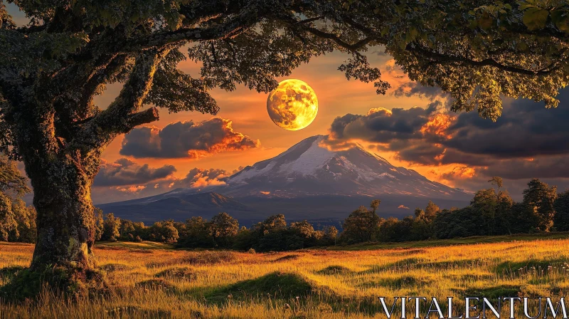 AI ART Enchanting Landscape of Moonrise and Sunset Over Mountain