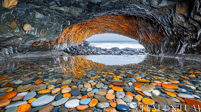 AI ART Vibrant Colored Pebbles in a Coastal Cave