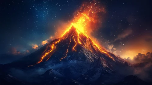 Fiery Volcanic Eruption Under Starry Sky