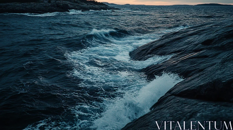 Waves Crashing Against Rocky Coastline at Sunset AI Image