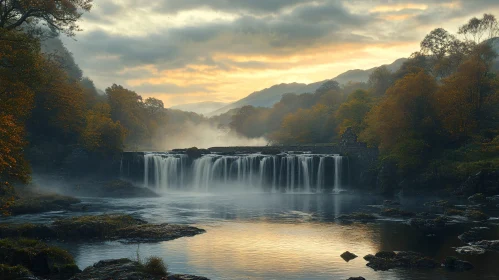 Misty River Waterfall with Autumn Foliage