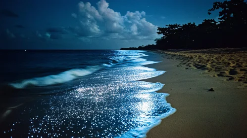 Bioluminescent Waves on a Night Beach