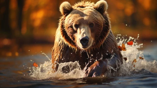 Running Brown Bear in Water - A Close-Up Spectacle