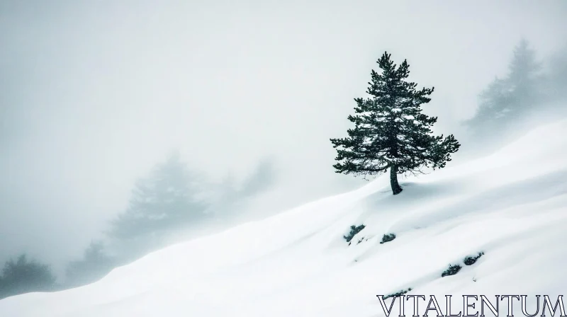 Lonely Pine on Snowy Slope AI Image