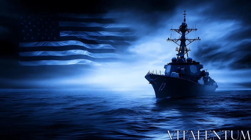 Naval Vessel in Misty Night with American Flag AI Image