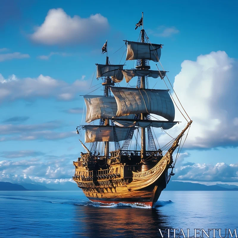 Wooden Ship Sailing in Blue Waters AI Image